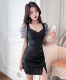 【2色】ミニドレス レース キャバドレス パフスリーブ 大人可愛い 谷間見せ セクシー タイトドレス XH2-JX5100