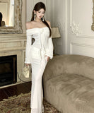 ロングドレスオフショルダータイトドレスセクシーフラワーセクシーマーメイドドレスXH2-CD7-437-24380750