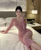 ロングドレス キャバドレス レース 高級感 Vネック エレガント 気質 袖付き XH2-ZED885423DXH449B