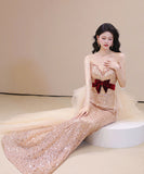 手作り ロングドレス ナイトドレス 宴会 キラキラ ベアトップ 誕生日 演奏会 XH2-TSZY0706