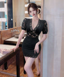 【2色】ミニドレス キャバドレス レース Vネック 谷間見せ セクシー 指名 パフスリーブ 気質 XH2-DD3874