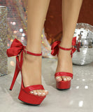 【3色】ハイヒール パンプス 15cm リボン スリッパ 美脚効果 歩きやすい 流行り OL 百掛け  ヒール 靴 XH5-JJMX8661-Q45