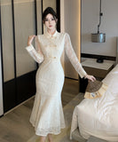 【2色】ロングドレスレースセクシーマーメイド袖付き中華風エレガントXH2-DD5240