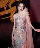 ロングドレス 宴会 キラキラ ナイトドレス ワンショルダー 人魚姫 誕生日 演奏会 XH2-MBYD-ltao722141041931