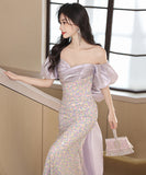 ロングドレス ナイトドレス マーメイドドレス 宴会 オフショルダー パフスリーブ エレガント 演奏会 誕生日 XH2-MBYDAL793027441419