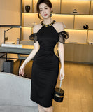 手作り 膝丈ドレス セクシー エレガント セレブ風 キラキラ party おしゃれ XH2-JY50949