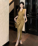 ロングドレス キャバドレス OL Vネック 谷間見せ セクシー 女子力 パーティー ナイトクラブ XH2-CD7-349-3650680