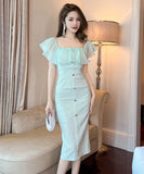 【手作り】膝丈ドレス フリル おしゃれ 小顔効果 スクエアネック エレガント XH2-JY20470