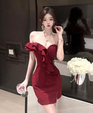 【2色】ミニドレス キャバドレス 谷間魅せ 指名 非対称 ベアトップ XH2-DD5656