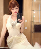 【2色】ロングドレス Vネック 谷間見せ マーメイド 女子力 キラキラ レース 肌見せ セクシー XH2-MXX5983