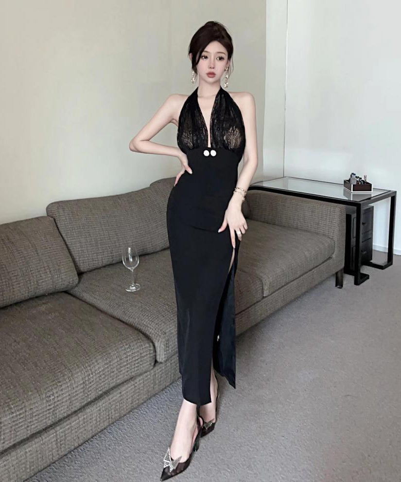 ロングドレス セクシー ホルターネック 谷間魅せ ナイトクラブ