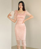 【2色】膝丈ドレス レース キャバドレス エレガント 谷間見せ おしゃれ XH2-ZED889741BH538