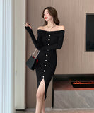 【4色】ニットドレス オフショルダー セクシー  着瘦せ 袖付き エレガント XH2-ZED883071BH453