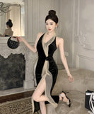 【2色】ロングドレス 宴会 スリット 非対称 ホルターネック エレガント 気質 キャバクラ XH2-ZED886041DXH348