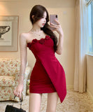 ミニドレス キャバドレス ベアトップ セクシー 非対称 パーティー フラワー 谷間見せ 指名 XH2-DD5056