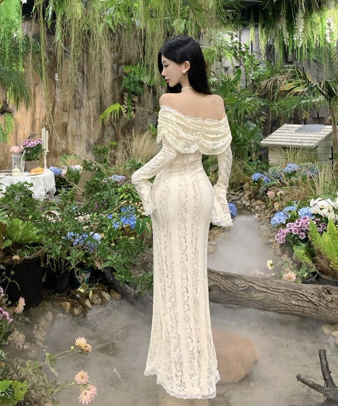 ロングドレスオフショルダーレースセクシーエレガントフリル