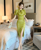 【手作り】膝丈ドレス 高品質 おしゃれ  パフスリーブ エレガント 宴会 高級感 XH2-JY30068