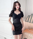 【2色】ミニドレス レース キャバドレス パフスリーブ 大人可愛い 谷間見せ セクシー タイトドレス XH2-JX5103
