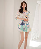 ミニドレス 花柄 春新作 パフスリーブ Aライン エレガント 着痩せ おしゃれ XH2-ZED886608BH506