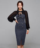 膝丈ドレス 秋新作 リボン スクエアネック エレガント セクシー 袖付き XH2-ZED889397C415