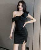 【3色】ミニドレス セクシー キャバドレス ワンショルダー フリル 着瘦せ XH2-LQE5962GT536