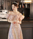 ロングドレス 誕生日パーティー キラキラ 人魚姫 リボン オフショルダー 演奏会 宴会 XH2-WS-P108