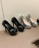 【2色】フィッシュマウス ハイヒール 14cm キラキラ サンダル 流行り OL 百掛け 透かし彫り ヒール 靴 フィッシュマウス XH5-DLHS-A9126-15