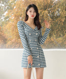 ツイードドレス セレブ風 高級感 千鳥格子 エレガント 着痩せ 気質 韓国っぽ XH2-ZED88383A71
