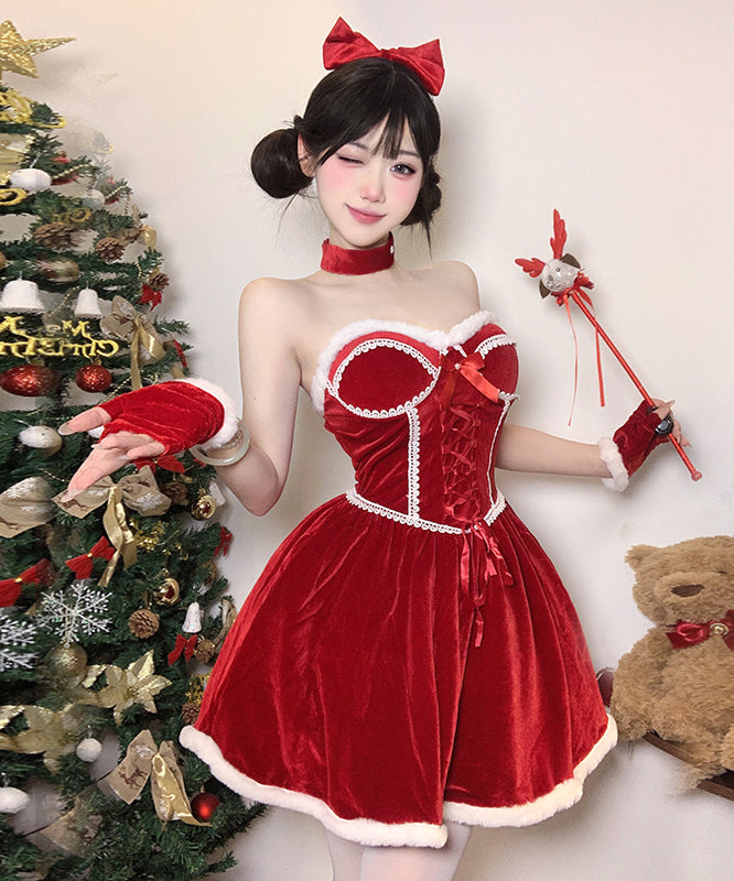 2色【5点セット】クリスマ 大人可愛い セクシー サンタ服 コスプレ Aライン ベアトップ リボン XH2-DML7