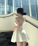 手作りドレスミニドレスAラインレースバックレスドレス谷間見せカワセクシーエレガント気質宴会パーティーXH2-XKD-D200-8100-Jun7