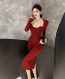 【2色】ロングドレス小顔効果セクシーマーメイド袖付き気質エレガントXH2-DD5667