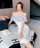 膝丈ドレス オフショルダー フリル 気質 エレガント 通勤 着痩せ おしゃれ XH2-DD4479