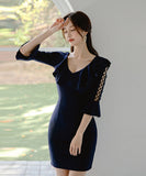 ミニドレス セクシー Vネック 谷間魅せ 指名 フリル 気質 小顔効果 お洒落 XH2-ZED882998A71