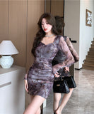 ミニドレス 花柄 セクシー スクエアネック エレガント 袖付き XH2-DD5208