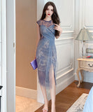 blue&black【手作り】膝丈ドレス 高品質 おしゃれ レース　チュール エレガント XH2-JY10553