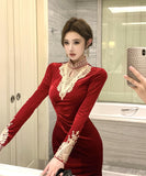 ロングドレス マーメイドドレス セクシー エレガント 袖付き 気質 着痩せ chic 女子力 XH2-ZED886339DXH348A