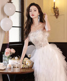 ロングドレス ベアトップふわふわ 刺繍 カラードレス 高級感 ウェディングドレス 宴会 演奏会　XH2-MBYD-ltao731899852919