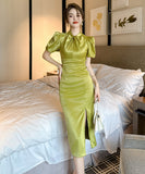 【手作り】膝丈ドレス 高品質 おしゃれ  パフスリーブ エレガント 宴会 高級感 XH2-JY30068