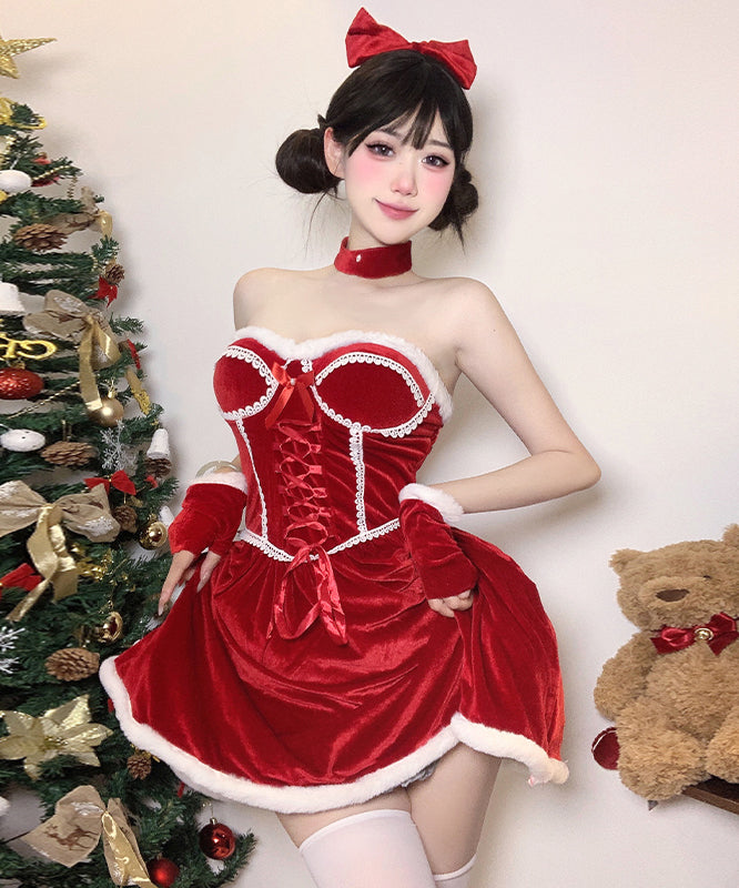 2色【5点セット】クリスマ 大人可愛い セクシー サンタ服 コスプレ Aライン ベアトップ リボン XH2-DML7