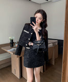【上下セット】Black&white ツイードスーツ セレブ風 ミニドレス 高級感 真珠 キラキラ 大人可愛い 同伴 エレガントXH2-MYK0556