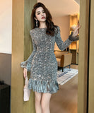 手作りドレス 膝丈ドレス キラキラ セレブ風 高級感 気質 フリル 小顔効果 XH2-JY30762