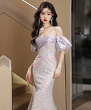 ロングドレス ナイトドレス マーメイドドレス 宴会 オフショルダー パフスリーブ エレガント 演奏会 誕生日 XH2-MBYDAL793027441419