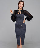 膝丈ドレス 秋新作 リボン スクエアネック エレガント セクシー 袖付き XH2-ZED889397C415