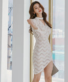 キャバドレス 膝丈ドレス 非対称 レース Ⅴネック セクシー エレガント XH2-ZED880855E