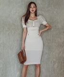 キャバドレス 膝丈ドレス スクエアネック エレガント 気質 パフスリーブ XH2-ZED889686BH538