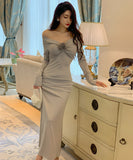 【2色】ロングドレス セクシー オフショルダー 谷間魅せ 指名 フリル 気質 XH2-ZED889648GT347