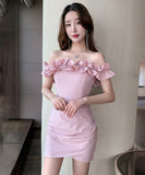 【black&pink】ミニドレス キャバドレス セクシー オフショルダー フリル XH2-DD3403