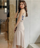 2点セット 膝丈ドレス オフショルダー エレガント 花柄 着痩せ 通勤 おしゃれ YH2-ZED883142A07