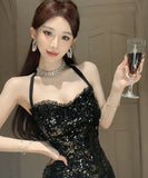 膝丈ドレス キラキラ ホルターネック セクシー party キャバクラ XH2-DD6419