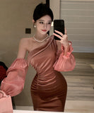 膝丈ドレス ワンショルダー セクシー おしゃれ 着痩せ XH2-ZED885424DXH449